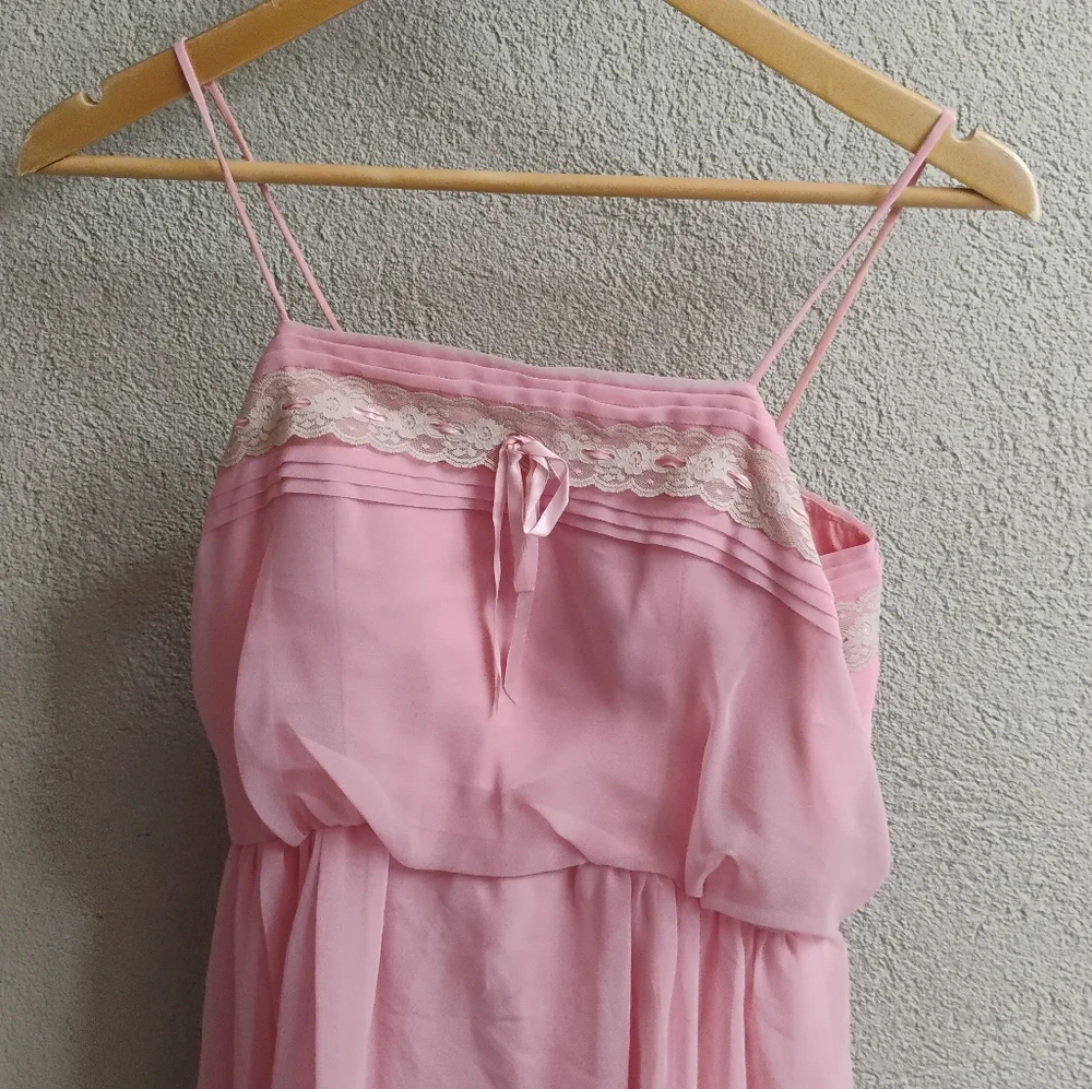 Vintage 1970s Coquette Spaghetti Strap Lace Ribbon Maxi Dress - Picture 2 of 7